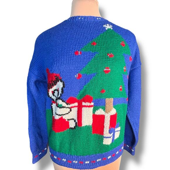 Vintage 90s Allen Solly Wool Christmas Sweater Tree Gifts Santa Hat Blue Large - Picture 15 of 15